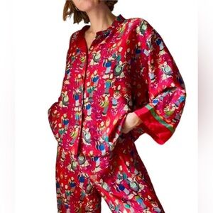 Josie Natori Geisha Tea Garden‎ Crop Pants Pajama Set Red Sleep Women S Vintage